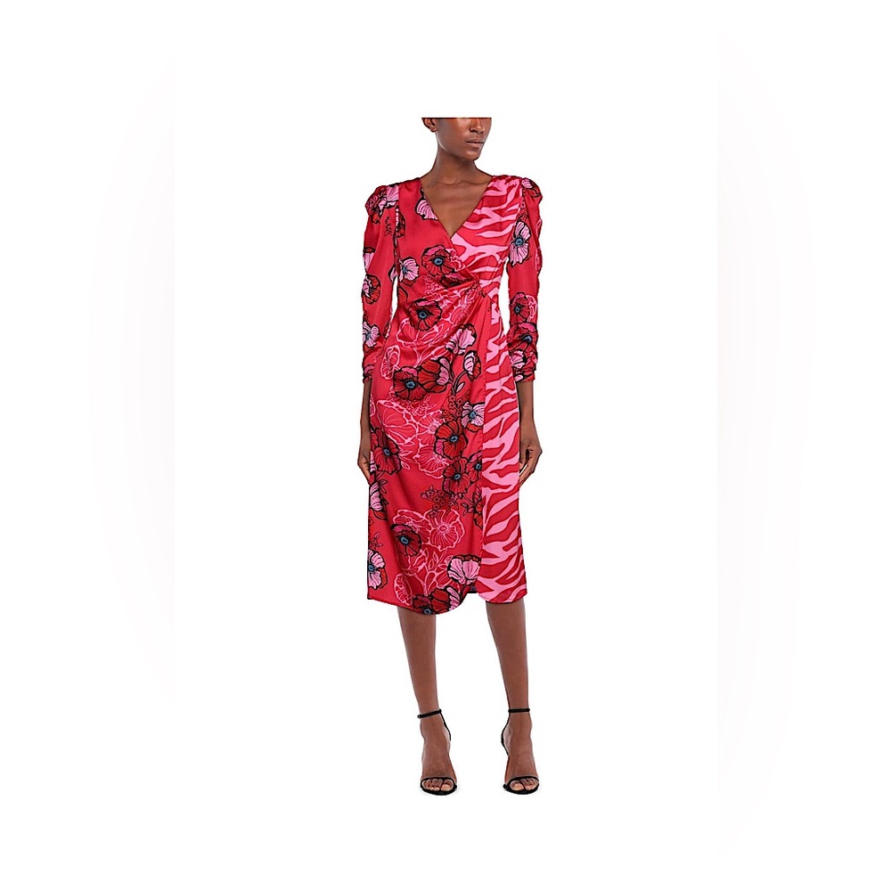 Liquorish midi red dress, long sleeves, floral design